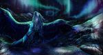  blue_feathers blue_fur blue_hair detailed_background digital_media_(artwork) dragon feathered_dragon feathers female feral fur hair isvoc looking_up night outside sky snow solo star starry_sky 