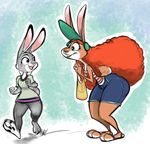  buckteeth canine clothing crossover disney duo female fur grey_fur hair hat inner_workings judy_hopps lagomorph long_ears mammal pants rabbit red_hair size_difference teeth wide_hips zootopia 