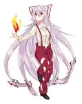  absurdly_long_hair asuzemu bad_id bad_pixiv_id black_footwear bow breasts closed_mouth dress_shirt fire fujiwara_no_mokou full_body hair_between_eyes hair_bow hand_in_pocket highres long_hair long_sleeves looking_away pants red_eyes red_pants shirt shoes silver_hair small_breasts smile solo standing suspenders touhou very_long_hair white_bow white_shirt 