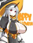  :&lt; altronage breasts cleavage cleavage_cutout detached_sleeves frown halloween happy_halloween hat highres horn huge_breasts kantai_collection long_hair red_eyes seaport_hime shinkaisei-kan solo white_hair witch_hat 