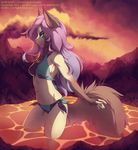  2016 anthro bikini blue_eyes breasts clothing day detailed_background fluffy fluffy_tail hair mammal midriff navel outside partially_submerged pink_hair solo standing swimsuit tofu93 water wide_hips 