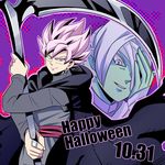  cape couple dragon_ball dragon_ball_super dragonball_z earrings gokuu_black gray_eyes green_skin halloween male_focus pink_hair ring scythe signature super_saiyan_rose white_hair zamasu 