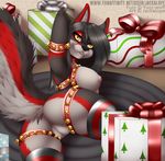  2016 anthro anus areola bell big_breasts black_fur black_hair black_nose box breasts butt canine christmas christmas_present clitoris clothing english_text female fur grey_fur hair holidays jackalope_(artist) legwear long_hair looking_at_viewer mammal mostly_nude nipples on_floor open_mouth pink_nipples pussy raised_arm raised_tail red_fur ribbons rug side_boob smile solo teeth text tongue yellow_eyes 