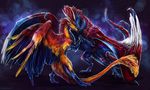 ambiguous_gender blue_feathers claws digital_media_(artwork) dragon duo feathered_dragon feathered_wings feathers feral gradient_feathers horn isvoc orange_feathers red_eyes red_feathers standing wings yellow_feathers 
