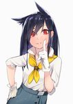  animal_ears bad_id bad_pixiv_id belt black_hair cat_ears earrings gloves hand_on_hip highres index_finger_raised jewelry juz lips looking_at_viewer neckerchief original shirt simple_background skirt solo stud_earrings white_background white_gloves white_shirt 