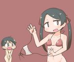  bikini bikini_bottom_removed black_eyes black_hair blush blush_stickers bottomless clothes_theft covering covering_crotch hair_ribbon inishie kantai_collection looking_at_viewer midriff mikuma_(kantai_collection) mogami_(kantai_collection) multiple_girls navel open_mouth out-of-frame_censoring red_background red_bikini ribbon side-tie_bikini simple_background swimsuit swimsuit_theft tears theft twintails 