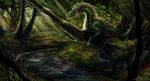  blonde_hair blue_eyes claws day detailed_background digital_media_(artwork) dragon eastern_dragon feral forest grass green_scales hair horn isvoc male moss outside scales scalie solo sunlight tree water 