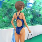 ass blue_eyes blue_swimsuit brown_hair chain-link_fence competition_swimsuit fence from_behind goggles goggles_removed highleg highleg_swimsuit highres one-piece_swimsuit original short_hair solo standing swimsuit tan towel tree yonesuke_(yonesukesuke) 