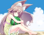  animal_ears barefoot brown_eyes brown_hair cloud day dress food fox_ears fox_girl fox_tail frilled_dress frills from_side fruit long_hair looking_at_viewer noa_(nagareboshi) original sitting sky sly smile solo sundress tail watermelon yellow_dress 