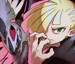  black_jacket blonde_hair chimera closed_mouth earrings frown gen_7_pokemon gladio_(pokemon) green_eyes hair_over_one_eye highres hood hood_down jacket jewelry male_focus pokemon pokemon_(creature) pokemon_(game) pokemon_sm reiesu_(reis) silvally solo upper_body 