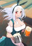  alcohol alternate_costume alternate_hairstyle animal_ears bad_id bad_pixiv_id beer beer_mug breasts bunny_ears cleavage collarbone cup dirndl fake_animal_ears foam german_clothes hair_blowing hair_ornament hairband hairclip highres holding holding_cup indoors juz krt_girls large_breasts lips long_hair looking_at_viewer nana_(krt_girls) red_eyes restaurant solo stone_floor tankard underbust waitress walking white_hair 