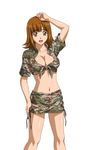  arm_up ato_(ikkitousen) breasts brown_eyes brown_hair camouflage camouflage_skirt cleavage collarbone earrings eyebrows eyebrows_visible_through_hair front-tie_top ikkitousen jewelry large_breasts magatama magatama_earrings midriff navel no_bra open_mouth shiny shiny_skin shirt short_hair simple_background skirt solo tied_shirt white_background 