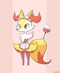  braixen commentary english_commentary feather_duster gen_6_pokemon heart heart_in_eye highres kaiponi maid maid_apron maid_headdress no_humans outline pink_background pokemon pokemon_(creature) red_eyes simple_background solo symbol_in_eye white_outline 