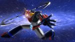  blue_background glowing glowing_eyes grendizer highres holding holding_weapon mecha no_humans plc ufo_robo_grendizer weapon 