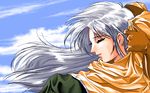 artist_request blue_sky cape close-up closed_eyes cloud day earrings eyebrows francesca_(hercequary) from_side game_cg gloves hair_blowing hercequary hood jewelry lips long_hair non-web_source open_mouth orange_gloves outdoors pc98 silver_hair sky solo wind 