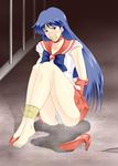  1girl arms_behind_back bishoujo_senshi_sailor_moon blue_eyes blue_hair blush breasts cameltoe choker earrings feet gagged high_heels highres hino_rei kamo_(nobuhide19790717) large_breasts legs leotard long_hair looking_at_viewer panties pussy_juice red_skirt restrained sailor_collar sailor_mars sitting skirt solo thighs tiara toes underwear uniform wet white_panties 