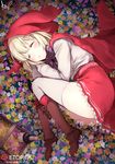  absurdres basket blonde_hair blush boots bow cape closed_eyes fetal_position flower full_body grimms_notes hair_flower hair_ornament highres hood knee_boots little_red_riding_hood_(grimm) little_red_riding_hood_(grimms_notes) lying on_side open_mouth red_skirt shirt short_hair skirt sleeping solo thighhighs umakuchi_shouyu white_legwear white_shirt 