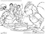  anthro bandanna cake canine clothed clothing cybercat duo feline food fur horn hybrid male mammal monochrome open_mouth smile watermark 