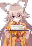  animal_ears birthday_cake brown_eyes brown_hair cake candle carrying fire flame food fox_ears fox_girl fruit long_hair noa_(nagareboshi) original saucer smile solo strawberry wide_sleeves 