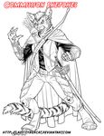  anthro archery clothed clothing cybercat feline looking_at_viewer male mammal melee_weapon monochrome open_mouth solo standing sword watermark weapon 