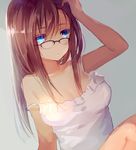  bangs blue_eyes blush breasts brown_hair camisole commentary eyebrows eyebrows_visible_through_hair glasses grey_background hand_on_head long_hair looking_at_viewer medium_breasts original parted_lips shiny shiny_hair simple_background solo straight_hair strap_slip tlla waking_up 
