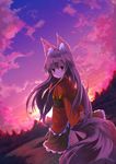  animal_ears arms_behind_back brown_hair capelet dress fox_ears fox_tail frilled_dress frills layered_dress long_hair looking_at_viewer looking_back noa_(nagareboshi) original solo tail twilight 