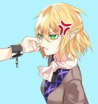  anger_vein annoyed ascot asuzemu bad_id bad_pixiv_id blonde_hair blue_background breasts cheek_pull clenched_teeth commentary_request cuffs from_side green_eyes half_updo hoshiguma_yuugi looking_at_another medium_breasts mizuhashi_parsee multiple_girls pointy_ears pulled_by_another robe shackles short_hair solo_focus teeth touhou undershirt upper_body 