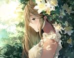  bangs blonde_hair bubble commentary dress eyebrows eyebrows_visible_through_hair flower frilled_dress frills from_side green_eyes highres light_smile long_hair mole mole_under_eye original plant solo tlla white_dress white_flower 