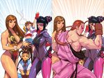  4girls alternate_costume annoyed biker_clothes bikesuit blue_sailor_collar bodysuit breasts brown_hair china_dress chinese_clothes chun-li cleavage dougi dress eyepatch frown han_juri hibiki_dan highres huge_breasts ibuki_(street_fighter) kasugano_sakura looking_at_viewer multiple_girls purple_bodysuit robert_porter sailor_collar school_uniform street_fighter street_fighter_v street_fighter_zero_(series) 