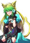  :o ahoge animal_ears atalanta_(fate) bangs blonde_hair blush breasts cat_ears cat_tail eyebrows eyebrows_visible_through_hair fate/apocrypha fate/grand_order fate_(series) gameplay_mechanics gradient_hair green_eyes green_hair hair_between_eyes hand_in_hair highres himo juliet_sleeves kneeling long_hair long_sleeves looking_at_viewer miniskirt multicolored_hair open_mouth pleated_skirt puffy_sleeves simple_background skirt small_breasts solo tail thighhighs thighs two-tone_hair white_background 