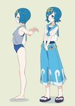  baggy_pants barefoot blue_eyes blue_hair blue_sailor_collar bouen capri_pants from_side full_body hairband highres multiple_views outstretched_arms pants pokemon pokemon_(game) pokemon_sm sailor_collar sandals short_hair sleeveless spread_arms standing suiren_(pokemon) swimsuit swimsuit_under_clothes white_background 