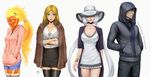  2016 3girls alternate_costume aphrodite_(smite) black_legwear black_nails black_skirt blonde_hair blue_eyes bracelet breasts casual cleavage collarbone commentary cowboy_shot crossed_arms cutoffs dress earrings fiery_hair fire frilled_dress frills green_eyes hair_ornament hands_in_pockets hat hat_over_eyes highres hood hoodie jacket jacket_on_shoulders jewelry large_breasts lips loki_(smite) long_hair looking_at_viewer low_ponytail multiple_girls nail_polish nox_(smite) orange_hair parted_lips pencil_skirt red_skin sciamano240 shirt sidelocks skirt sleeves_rolled_up smile smite sol_(smite) tattoo taut_clothes taut_dress thighhighs turtleneck twintails very_long_hair white_dress white_hair white_shirt x_hair_ornament yellow_eyes zettai_ryouiki zipper 