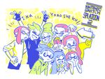  4girls bad_id bad_tumblr_id blue_hair cellphone double_v fingerless_gloves gas_mask glasses gloves green_hair hair_bun headphones hood hoodie inkling katou_(osoraku) limited_palette multiple_boys multiple_girls phone pink_hair pointy_ears rectangular_eyewear self_shot shirt sidelocks smartphone smile splatoon_(series) splatoon_2 t-shirt tentacle_hair topknot v 