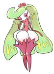  eyelashes eyeshadow full_body gen_7_pokemon green_hair haranui_(haranui0w0) highres jpeg_artifacts knees_together_feet_apart long_hair looking_away looking_to_the_side makeup mini_crown no_humans pokemon pokemon_(creature) purple_eyes purple_legwear simple_background solo standing tri_tails tsareena very_long_hair white_background 