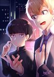  blonde_hair bowl_cut brown_eyes building dated formal gakuran kageyama_shigeo kyuri_tizu male_focus mob_psycho_100 multiple_boys necktie open_mouth reigen_arataka school_uniform signature smile suit sweatdrop 