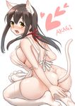  akagi_(kantai_collection) anal anal_object_insertion anal_tail animal_ears apron ass blush breasts brown_eyes brown_hair butt_plug cat_ears character_name covered_nipples extra_ears fake_tail fukuroumori heart kantai_collection large_breasts long_hair looking_back naked_apron object_insertion open_mouth see-through seiza simple_background sitting solo suggestive_fluid tail thighhighs 