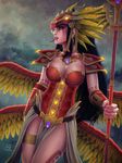  black_hair breasts cleavage earrings feathered_wings forked_tongue gem genderswap genderswap_(mtf) glowing glowing_eyes headpiece highres jewelry kukulkan_(smite) large_breasts long_tongue looking_to_the_side multiple_wings necklace pelvic_curtain purple_eyes realistic recolor sciamano240 shoulder_plates smite solo staff tattoo thighlet tongue tooth_earrings wings 