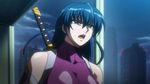  1girl blue_hair bodysuit building female green_eyes igawa_asagi long_hair screencap sky solo sword taimanin_asagi upper_body 