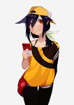  arm_behind_back backwards_hat baseball_cap belt_pouch black_legwear blue_hair bow cellphone female_protagonist_(pokemon_go) grey_background hair_bow hair_over_shoulder hat highres holding holding_cellphone holding_phone juz long_hair low_ponytail off-shoulder_shirt phone poke_ball_symbol pokemon pokemon_go ponytail pouch red_eyes shirt shorts simple_background smartphone solo spaghetti_strap thigh_gap white_bow 