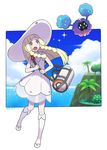  bag blonde_hair braid cosmog day dress flats flustered framed_image gen_7_pokemon green_eyes hat highres kneehighs lillie_(pokemon) long_hair palm_tree pokemon pokemon_(creature) pokemon_(game) pokemon_sm sparkle sun_hat sundress tree white_background yuko666 