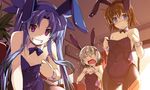  animal_ears backlighting bare_shoulders blue_eyes blue_hair blush bow breasts brown_hair bunny_ears bunny_girl bunnysuit closed_mouth commentary_request couch curtains dark_persona detached_collar embarrassed fake_animal_ears flat_chest grin hair_ornament hair_ribbon highres indoors long_hair looking_at_viewer lyrical_nanoha mahou_shoujo_lyrical_nanoha mahou_shoujo_lyrical_nanoha_a's mahou_shoujo_lyrical_nanoha_a's_portable:_the_battle_of_aces material-d material-l material-s multiple_girls no_eyes open_mouth pantyhose purple_eyes ribbon shikei shiny shiny_hair short_hair silver_hair sitting smile standing teeth twintails wrist_cuffs x_hair_ornament 