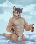  abs anthro blue_eyes blue_hair bulge cheek_tuft day facial_piercing fur hair hi_res invalid_tag looking_at_viewer male muscular muscular_male navel nose_piercing open_mouth outside piercing shuffahlong tagme tuft water 