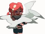  animal bad_id bad_tumblr_id bike_shorts bird closed_eyes cowboy_shot feeding fingerless_gloves gloves goggles katou_(osoraku) midriff octarian octoling red_hair seagull short_hair shorts simple_background smile splatoon_(series) splatoon_1 takozonesu white_background 