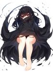  bags_under_eyes bangs barefoot black_hair closed_mouth floating full_body legs long_hair looking_at_viewer messy_hair original otokuyou red_eyes robe sanpaku serious simple_background solo toes torn_clothes white_background 