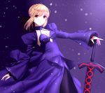  artoria_pendragon_(all) black_bow black_legwear blonde_hair blue_dress bow breasts choker cleavage collarbone dark_excalibur detached_sleeves dress eyebrows eyebrows_visible_through_hair fate/stay_night fate_(series) hair_bow highres medium_breasts pantyhose saber_alter short_hair solo unscpro yellow_eyes 