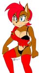  2015 akatsukishiranui-fox annoyed anthro belt big_breasts biped blue_eyes bra breasts brown_fur chipmunk cleavage clenched_teeth clothed clothing eyelashes female frown fur hair hi_res jeans mammal pants red_hair rodent sally_acorn solo sonic_(series) teeth torn_clothing underwear 