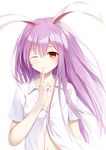  ;) animal_ears breasts bunny_ears cleavage closed_mouth collarbone finger_to_mouth flan_(seeyouflan) hair_between_eyes highres lavender_hair long_hair looking_at_viewer navel one_eye_closed orange_eyes reisen_udongein_inaba shirt short_sleeves simple_background small_breasts smile solo touhou unbuttoned upper_body white_background white_shirt 