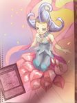  1girl bloom_diva_the_melodious_choir blue_dress blue_eyebrows blue_hair bracelet card dress duel_monster eyebrows eyelashes flower flower_bracelet komakinyan necklace petals photo sketch traditional_media yu-gi-oh! yuu-gi-ou_duel_monsters 