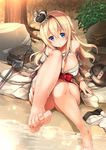  arm_support bare_legs barefoot blonde_hair blue_eyes braid breasts collarbone corset dress french_braid hair_between_eyes hair_ornament hairband highres kantai_collection large_breasts leg_lift legwear_removed lips long_hair looking_at_viewer parted_lips perspective rock sand shibi signature sitting soles solo thighhighs thighs toes tree warspite_(kantai_collection) water wet white_dress white_legwear 