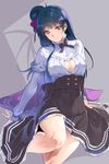  &gt;:) arm_support bangs black_skirt blue_hair breasts cleavage cleavage_cutout closed_mouth commentary_request frilled_skirt frills hair_ribbon high-waist_skirt juliet_sleeves long_hair long_sleeves looking_at_viewer love_live! love_live!_sunshine!! medium_breasts nanao_(mahaya) puffy_sleeves purple_eyes purple_ribbon ribbon shirt side_bun sidelocks sitting skirt smile solo tsushima_yoshiko v-shaped_eyebrows white_shirt 